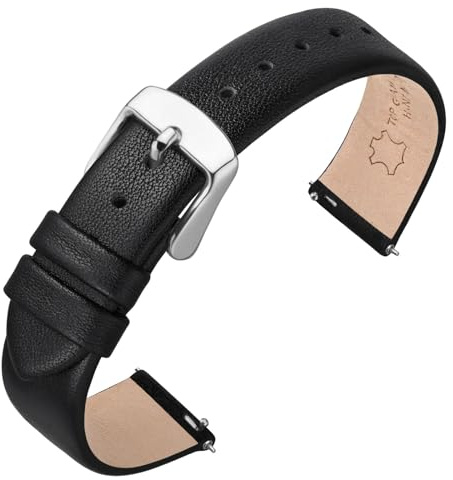ANNEFIT Leder Uhrenarmbänder für Herren Damen, Schnellverschluss Ersatzarmband 18mm mit Silber Schnalle (Schwarz)