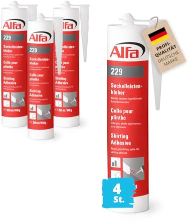 4x Sockelleistenkleber 300ml/440g weißer Montagekleber mit hoher Anfangshaftung zur Befestigung von Sockelleisten