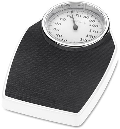 medisana PSD mechanische Personenwaage bis 150 kg, Körperwaage analog, Retrowaage im klassischem Design und großer Skala in frustfreier Verpackung und verstärkter Glasabdeckung