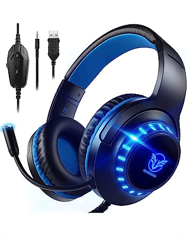 Pacrate Gaming Headset für PS4/PS5/Xbox One/PC/Nintendo Switch, PS4 Kopfhörer mit Kabel Xbox Headset mit Mikrofon, Noise Cancelling PS5 Headset mit LED Lichter - Blau