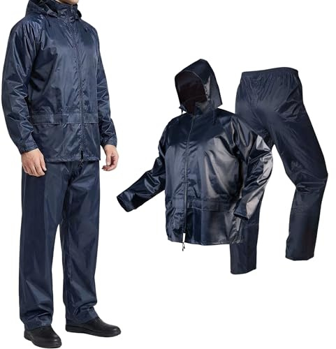 NEO TOOLS Herren Regenset, Regenmantel mit Kapuze und Regenhose, Gr. M-XXXL | Verklebte Nähte, Reißverschlüsse und Taschen vor Wasser geschützt, Ventilationsöffnungen, 100% Polyester 170 g/m2