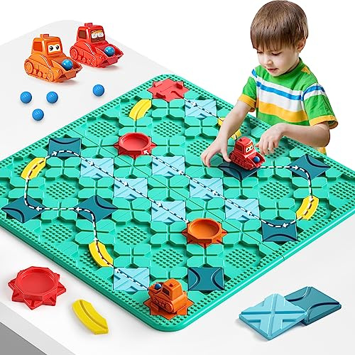 burgkidz Logischer Straßenbauer Labyrinth Brettspiel – 56x56 cm großes | Brett mit 200+ Hindernissen, für 2-4 Spieler & Familie, Fördert Logik & Konzentration, STEM-Geschenk ab 4 Jahren