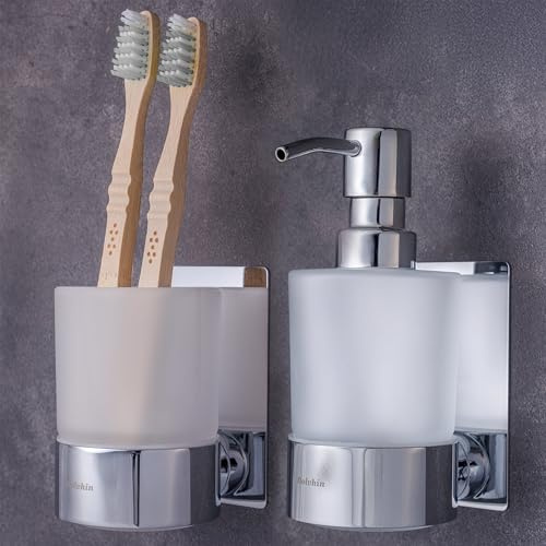 Dolvhin Seifenspender und Zahnputzbecher Set | Milchglas Handseifenspender & Zahnbecher | Edelstahl Zahnputzbecherhalter ohne Bohren | Wandseifenspender zum Kleben | Badezimmer Set | Chrom poliert