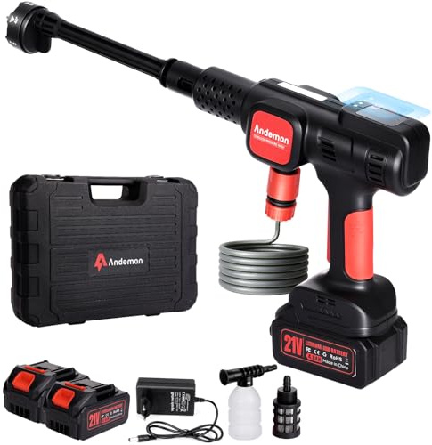 Andeman Akku-Hochdruckreiniger, 75 bar Mobiler Druckreiniger Mit 2x4000mAh Akku, 4-Gang-Modus & Bürstenlosem Motor - LCD Display, 6-in-1 Düse, Kabelloser Hochdruckreiniger für Auto/Terrasse/Garten