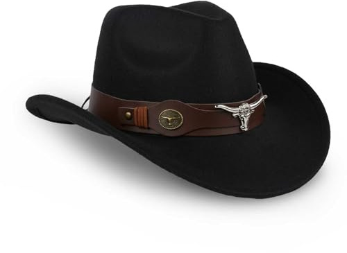 TOLASTO Cowboyhut Westernhut für Damen & Herren – Schwarzer Chamois-Lederlook Hut mit Bullenkopf-Applikation, verstellbar 56–58 cm, breitkrempiger Outback-Hut für Festival, Garten & Mottoparty