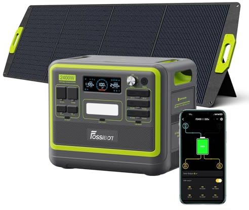 FOSSIBOT Powerstation 2400W AC Ausgängen (4800 W Peak) F2400, Stück mit 200W Solarpanel Power Station, 1100W Superschnelles Tragbare Solargenerator für Zuhause, Camping, RV und Notfall