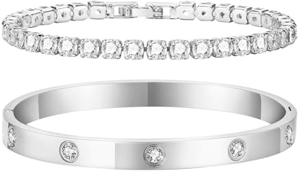 TempBeau 2 Stück Armreif Silber 17/18/19cm, Armband Damen Set für Frauen Mädchen, Armbänder aus Edelstahl mit Kristallen, Tennisarmband Silber mit Zirkonia aus Kupfer für Mutter Ehefrau Freundin