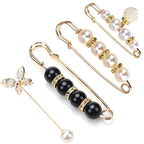 PLABBDPL 4 Stück Damenbroschen, Strass-Brosche, Sicherheitsnadeln, künstliche Perlen-Brosche, Perlenknöpfe, Perlenbroschen, Schalpullover-Mäntel, Accessoires für Damen- und Mädchenbekleidung