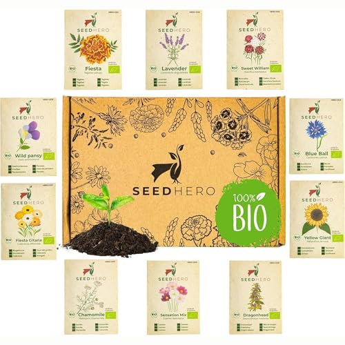 Deine Gartenwelt Seedhero BIO Essbare Blüten Samen Set - 10 Sorten Blumensamen aus biologischem Anbau, samenfestes Saatgut, Essbare Blumen, Set mit Sonnenblume, Kamille, Cosmea, Lavendel & mehr