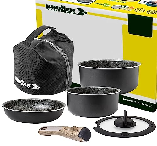 BRUNNER Camping Kochgeschirr-Set Alu - ø 20, 22, 24, 26-cm Pirate | Platzsparend stapelbare Töpfe und Pfannen, 4 Personen, Beschichtet, Leicht, Hochwertig,