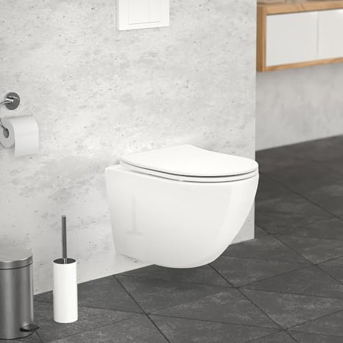 LuxeBath Wand WC Spülrandlos, Weiß, Tiefspüler Keramik Hänge WC, kurz 49 cm, Toilette ohne Spülrand, Softclose-Klodeckel, Tornadospülung, Glänzende Kloschüssel Hängend mit WC-Sitz Absenkautomatik