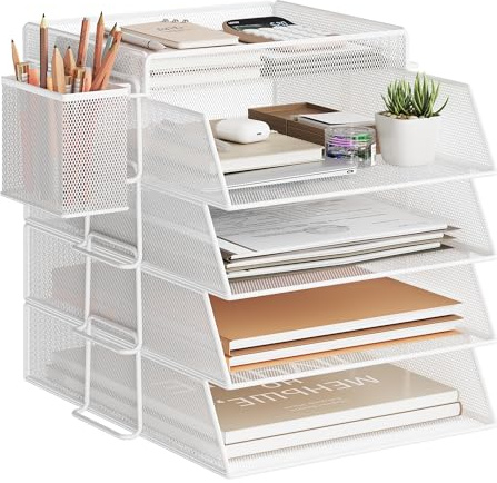 VITVITI Stapelbare Briefablage, Schreibtisch Organizer mit 4 Aktenhalter und 1 Stiftehalter, für A4 Dokument, Büro Organizer aus Metall, Schreibtischablage für Büroablage, Postkörbe (Weiß)
