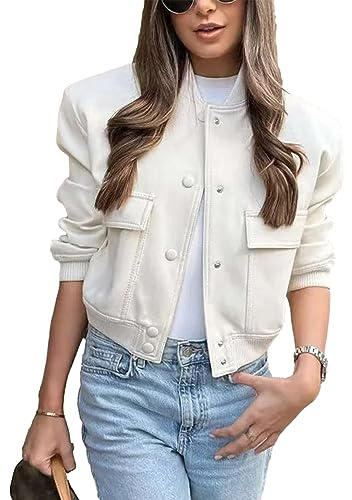 Megfie Cropped-Bomberjacke für Damen, Knopfleiste, Varsity-Jacken, Shackets mit Taschen