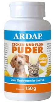 ARDAP Zecken und Floh Puder 150g - Für Hunde und Katzen - Zum Einstreuen in das Fell - Schützt sofort und zuverlässig vor Flöhen, Zecken, Läusen, Milben und anderen Schädlingen (PT19)
