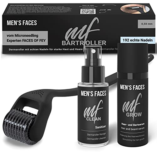 Bart Roller Set inkl. Dermaroller mit ECHTEN Nadeln für Männer - Beard Growth Booster Serum für mehr Bartwuchs & schnelleres Wachstum der Haare - Bartpflege Kit mit Bartroller für Herren MEN'S FACES