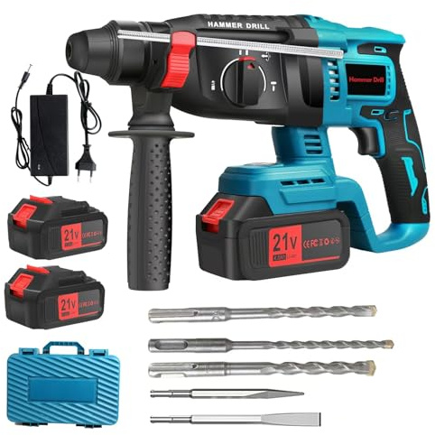 Brushless Akku Bohrhammer 21V 4000mAh *2 Akku, UniversalHamme, Bohren/Hammerbohren/Meißeln; SDS plus; Bürstenloser Bohrhammer Motor, 2 Akku und Ladergerät
