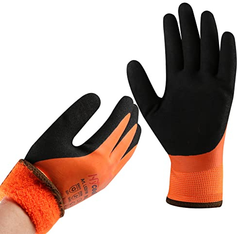 DS Safety Arbeitshandschuhe Winter Wasserdicht Thermo Warme Winterhandschuh Montagehandschuhe Grip Winterarbeitshandschuhe Arbeit Doppelbeschichte Nylon Isolierte Handschuhe Orange Größe 10 / XL