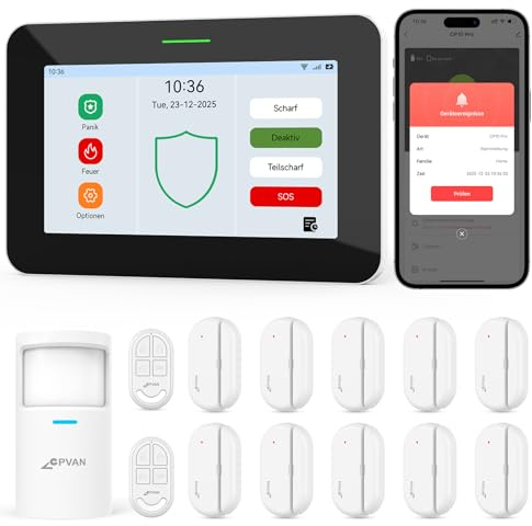 CPVAN GSM + WiFi Alarmanlage Haus mit 7 Touch Screen, Kein Vertrag Smart Komplettsysteme mit APP/SMS/Anruf Alarm, 110dB Host, Bewegungsmelder, Tür/Fenster Sensoren, Fernbedienungen, 14 Stück