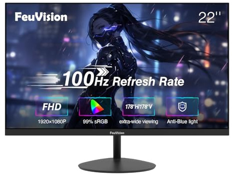 FeuVision 22 Zoll Monitor 100Hz, FHD 1080p PC Bildschirm, 99% sRGB | 4000:1 Kontrast, VESA, Rahmenlos Bildschirm, Eye-Care, Blaulichtfilter, HDMI, VGA Anschluss