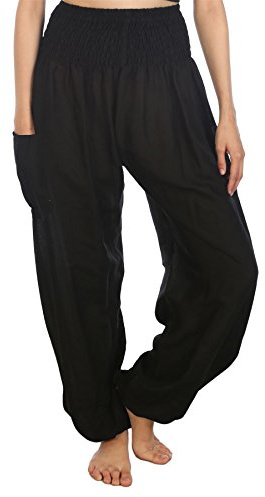 Lofbaz Damen Haremshose Yogahose Pumphose Hippie Hose Boho Kleidung Festival Outfit Sommerhose Leicht Sommer Hosen - Solid 1 Schwarz XXL Große Größen