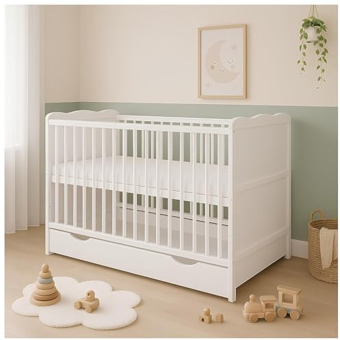 Baby Delux Babybett Kinderbett Juniorbett Jack 70x140 Weiß umbaubar mit Schublade Matratze und Beißschienen