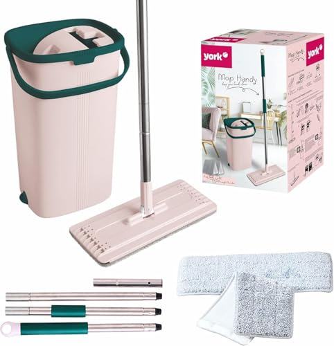 York Wischmopp Set mit Eimer Bodenwischer mit Auswringfunktion Reinigungssystem für Bodenreinigung Flachwischer Nass und Trockengebrauch Freihändiger Mop mit Mikrofaserbezug Laminat Fliesen Wohnung