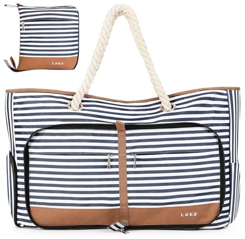 Lekespring Strandtasche Damen Groß mit Reißverschluss, Vielseitiger Damen Shopper Badetasche Saunatasche Reisetasche Tote Bag für Strand Reisen Einkaufen Sport u.Arbeit (Gestreift)