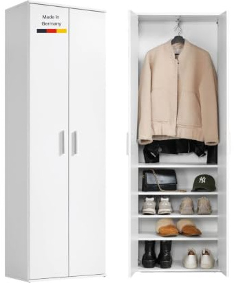 mokebo Mehrzweckschrank Garderobenschrank (60x180 cm) 'Der Lange' Made in Germany aus Holz mit integrierten Schuhfächern Schuhschrank Flurschrank Allzweckschrank Weiß