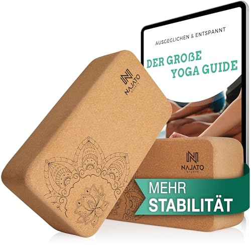 NAJATO Sports Yoga Block Kork 2er Set | Yogablock inkl. E-Book (PDF Datei) | Yogaklotz für Pilates und Meditation | Aus natürlichem Material