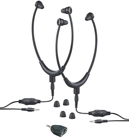 Newgen Medicals Kopfhörer mit Audiokabel: 2 TV-Kinnbügel-Kopfhörer, Stereo-Verteiler, 3,5-mm-Klinke, bis 117 dB (mit Kabelfernsteuerung, mit Audiokabeln)