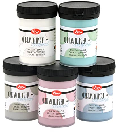 Viva Decor Chalky Deckend 5er Set (Pastell: Weiß, Rosa, Blau, Grün, Grau, 5 x 100 ml) Vintage Kreidefarbe für Shabby Chic - Chalk Paint für Innen und Außen - Made in Germany