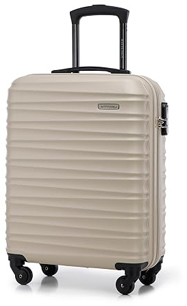 WITTCHEN Reisekoffer Handgepäck Kabinengepäck Rollkoffer Kabinenkoffer Kleiner Koffer Trolley Hartschale aus ABS 4 Spinner-Rollen Zahlenschloss Groove Line Größe S beige Lufthansa/Eurowings/Ryanair