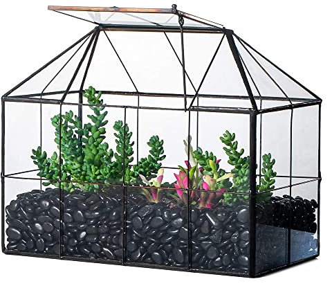 NCYP 25x13,5x20 cm Handmade Pflanzencontainer,Glas Geometrisch Pflanzen Terrarium, Schwarzes Gitter Haus-Form Gewächshaus Blumentopf, modernes Tischaufsatz (ohne Pflanzen)