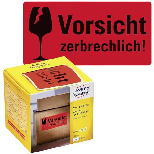 AVERY Zweckform Warnetiketten 7211 Vorsicht zerbrechlich (200 Etiketten auf Rolle im Kartonspender, 100 x 50 mm, selbstklebend, Warnhinweis Vorsicht Zerbrechlich für Versand, Umzug) neon rot