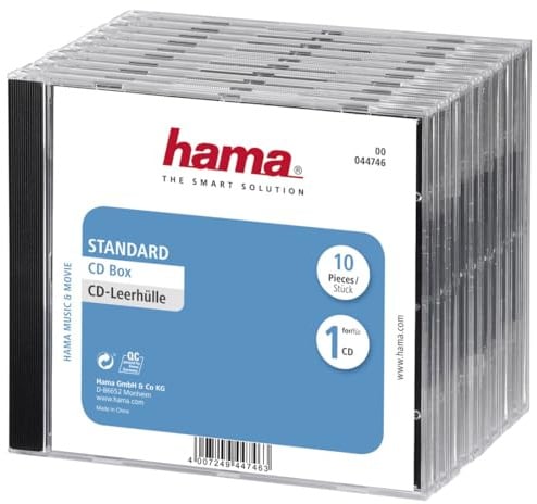 Hama CD-Leerhüllen 10 Stück (Jewel Case für CD/DVD/Blu-ray, Leerbox zur Archivierung, Aufbewahrung, Standard CD-Schutzhülle, Transport-Hülle) transparent-schwarz