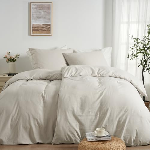 Duvetnova Bettwäsche 135x200 4teilig Leinen-Optik,Superweiche Vorgewaschene Mikrofaser Baumwollähnlich ÖKO-TEX 2 Bettbezüge 135x200+2 Kissenbezüge 80x80-alle mit Reißverschluss Bettwäsche Beige Sommer