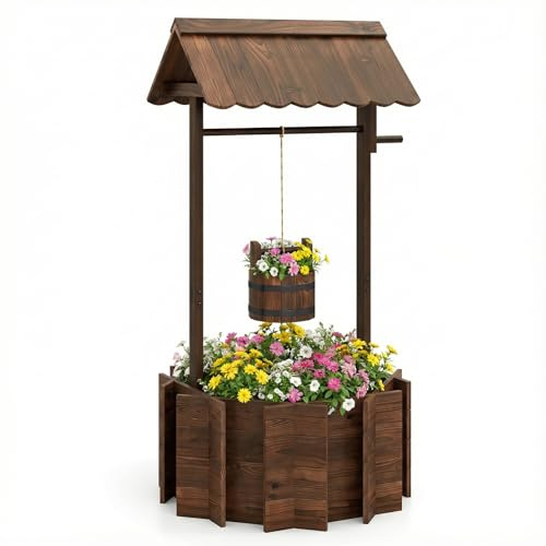 SOARS Wunschbrunnen mit Dach für außen, Holzbrunnen mit höhenverstellbarem Holzeimer, Gartenbrunnen aus Tannenholz, Dekobrunnen für Hof & Rasen, 56 x 56 x 114cm