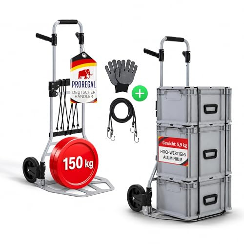 PROREGAL klappbare Aluminium Profi-Sackkarre Elephant | Traglast 150 kg | 6 kg leicht, ergonomische Griffe, Leichtlauf-Vollgummiräder, große Schaufel | Silber | Transportkarre