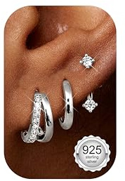 Finrezio 3 Paar Ohrringe Silber 925 für Damen Creolen Silber 14K Vergoldet Ohrstecker Silber 925 Hypoallergen Ohrringe Klein Creolen Huggie Piercing Ohr Silber Ohrringe Schmuck für Mehrere Piercings