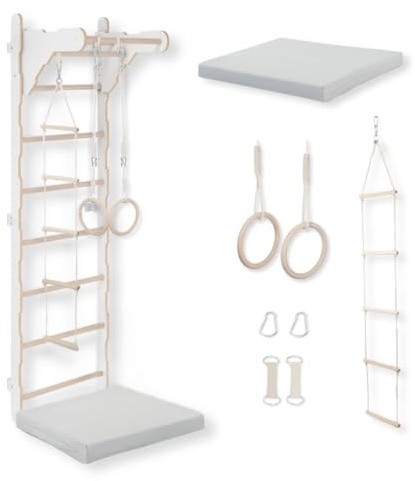 MAMOI® Gymnastik-Sprossenwand Kletterwand für Kinderzimmer | Sprossenwand aus Holz für Zuhause | Strickleiter für Kinder | Turnringe | Turnmatte | Wandmontierte Trainingsleiter | Holz-Spielplatz