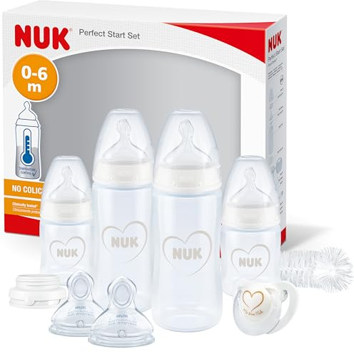 NUK Perfect Start First Choice+ Babyflaschen-Set | 0–6 Monate | 4 x Flaschen mit Temperaturkontrolle, Schnuller, Flaschenbürste & mehr | grau & weiß | 10-teilig
