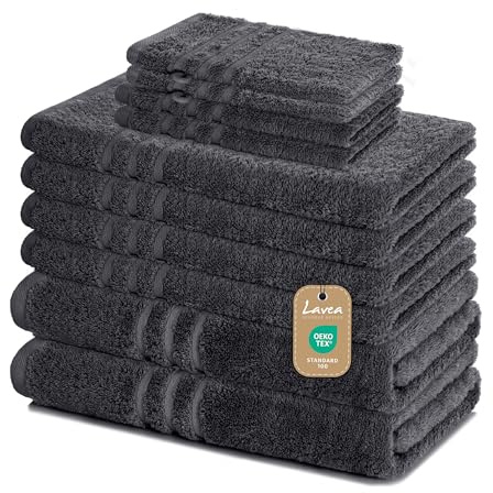 Lavea® 10-teiliges Handtuch Set Elena, 100% Baumwolle - 4 x Handtuch, 2 x Duschtuch, 2 x Gästetuch, 2 x Waschhandschuh, Frottee Handtücher Set weich, saugstark & pflegeleicht, Bad & Gäste, Anthrazit