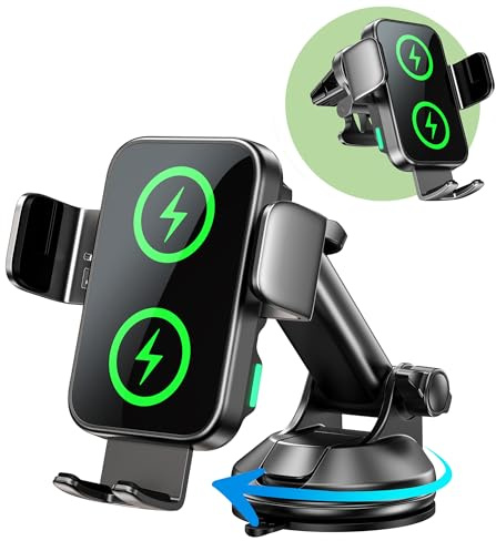 GuMosh 15W Handyhalterung Auto mit Ladefunktion, [360° Automatische Klemmung] Induktive Ladestation Auto Wireless Charger für Lüftung+ Saugnapf, Kfz Ladegerät für iPhone 17-12 (Black-Mount)