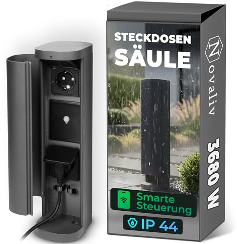 Novatool Gartensteckdose Funk 2-fach Anthrazit SMART WIFI APP IP44 Steckdose rund Aussen Gartensteckdose Outdoor Steckdosesäule Garten Steckdosenturm