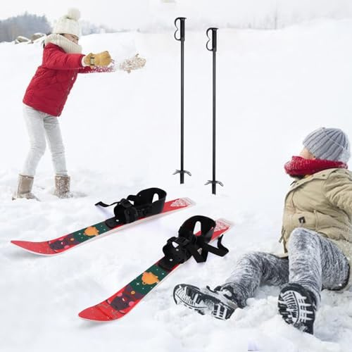 Kinder Ski Anfänger Schneeski und Stöcke, Skibretter mit geringem Widerstand für Kinder unter 4 Jahren, leichte, robuste und sichere Skiausrüstung für Kinders,verstellbare Schnalle (Rot)