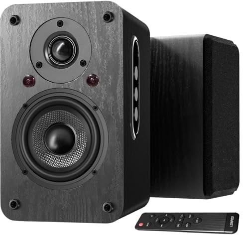 LONPOO Aktiv Regal-Lautsprecher Paar,100W RMS Aktivlautsprecher mit 4-Zoll Kohlefaser-Tieftöner, Bluetooth 5.3, HDMI ARC, Optisch, Koaxial, USB, AUX-IN, Fernbedienung (LP42X-Schwarz)
