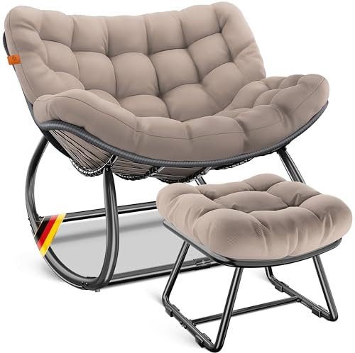KESSER® Schaukelstuhl XXL Outdoor, ergonomischer Schaukelsessel mit Sitzpolster für In- & Outdoor, Relaxsessel Garten, Balkon Sessel, wetterfester Gartenstuhl bequem, mit Hocker, bis 150kg, Taupe