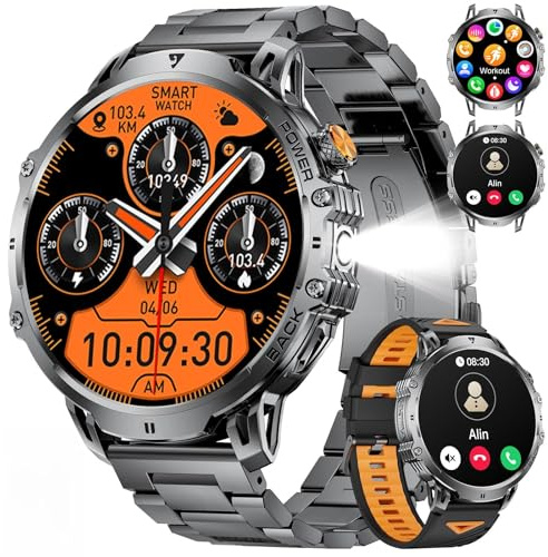DREMAC 2026 Smartwatch Herren Militär-1.85'' HD Große Display/1000mAh Akku,Smartwatch mit Taschenlampe/110+ Sportmodis/2 Bander/IP68,Fitness Tracker mit Puls/SpO2/Schlafmonitor,Android iOS