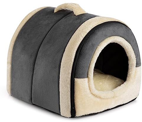 Hollypet Katzenbett Kleines Hundebett, 2-in-1 Faltbare Haustierbett | für Katzen & Kleine Hunde, Warmes Höhlennest Kristallsamt-Katzenhöhle Indoor Outdoor, Dunkelgrau