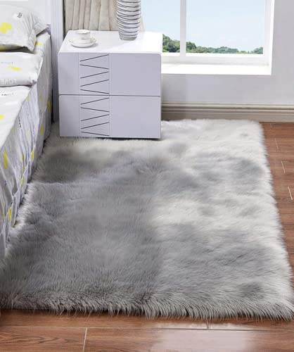 HARESLE Shaggy 60x120cm Teppich Grau rutschfest Teppiche für Schlafzimmer | 6cm langflor, Hochflor, Rutschfest Kunstwildleder, Waschbarer, für Wohnzimmer，Kinderzimmer, Babyzimmer
